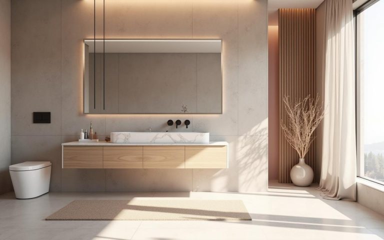Salle de bain moderne avec béton, marbre et bois, palette rose poudré, beige et blanc.