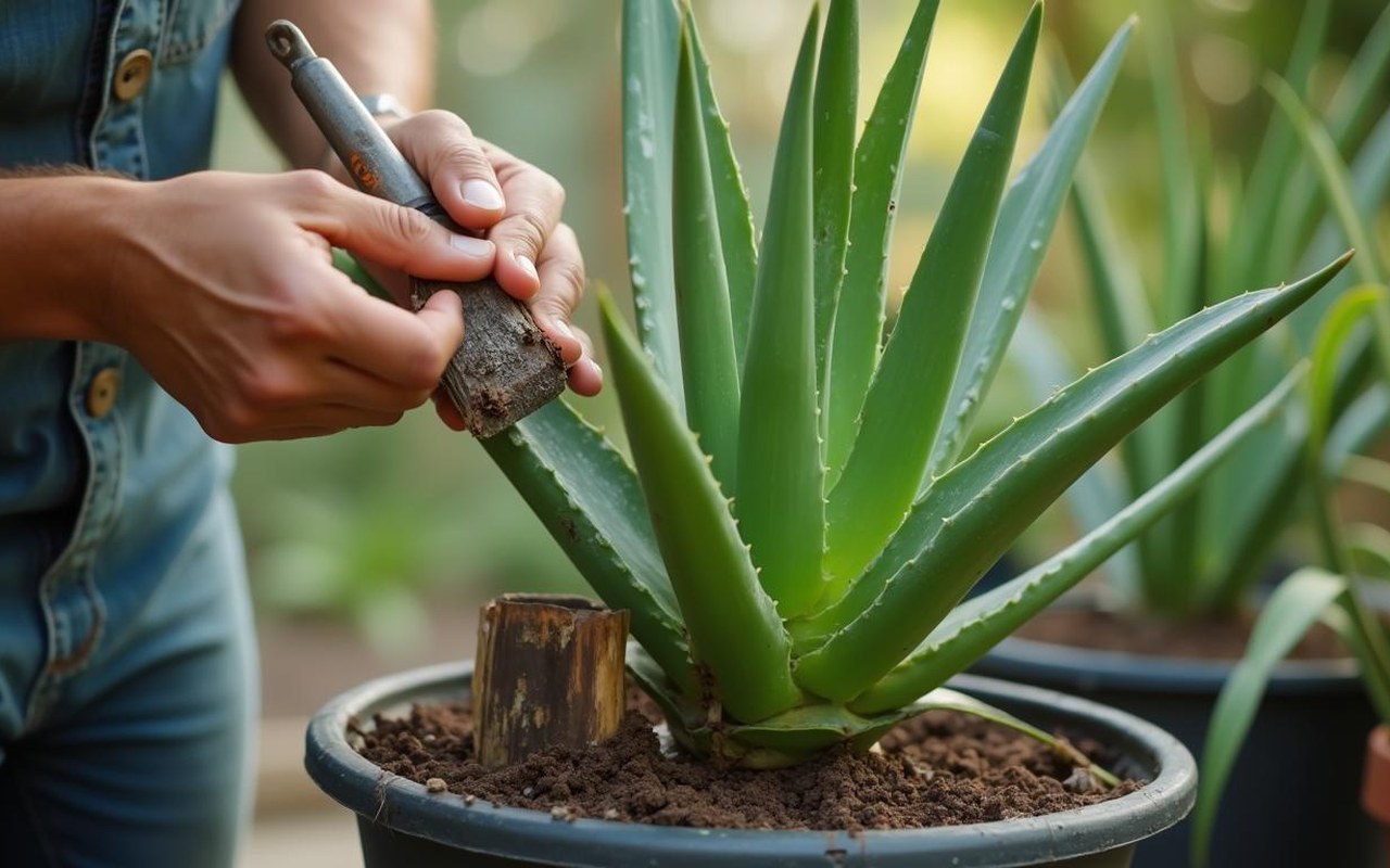 Inspection d'un aloe vera pour détecter des signes de pourriture.