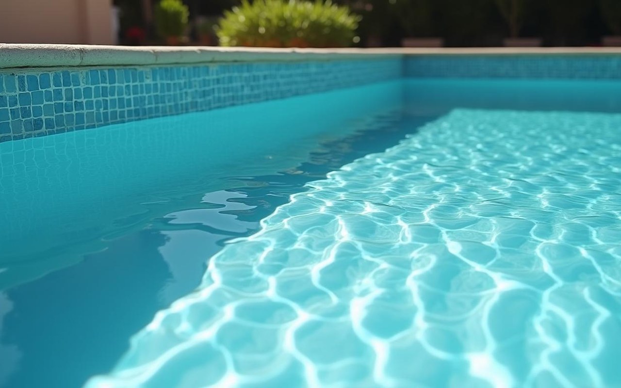 Irrégularités visibles sur le liner d'une piscine causées par des cailloux en dessous.