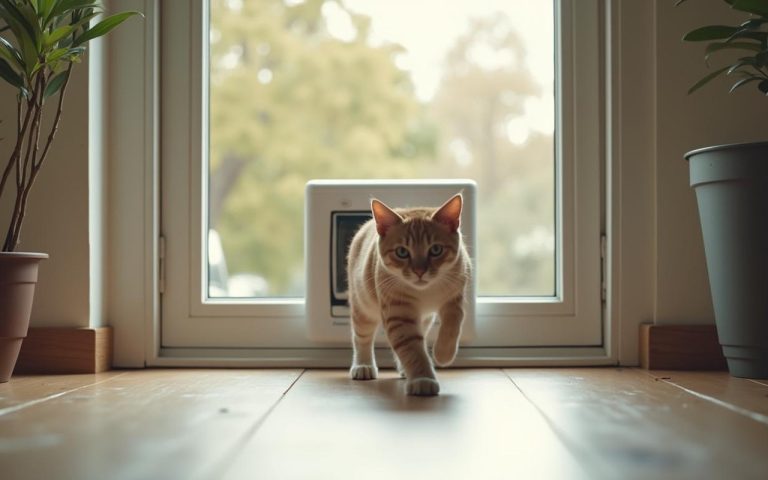 Chatière installée sans percer dans une baie vitrée, chat passant à travers.