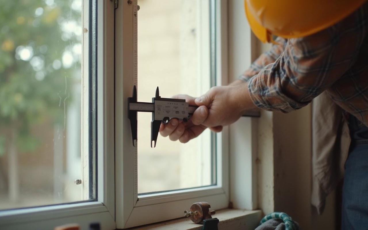 Artisan mesurant l'espace entre une fenêtre et un mur pour une isolation efficace.