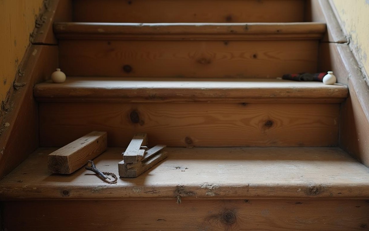 Escalier en bois ancien avec outils de réparation sans marque