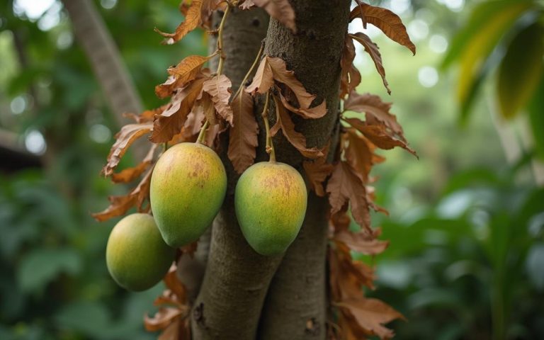 Manguier avec des feuilles marron dans un jardin tropical, illustrant le stress hydrique et thermique.