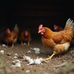 Un poulailler avec des plumes éparpillées et des signes de fouilles, illustrant une attaque de prédateur.