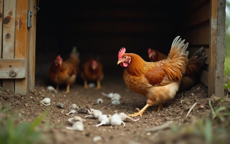 Un poulailler avec des plumes éparpillées et des signes de fouilles, illustrant une attaque de prédateur.