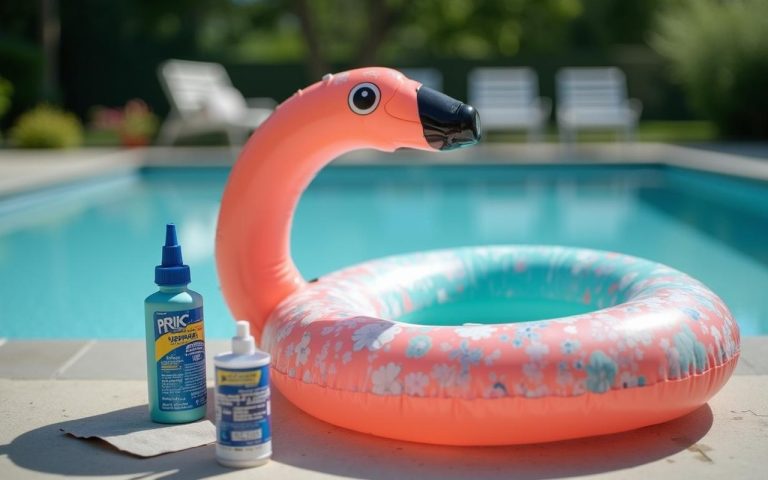 Réparation d'un boudin de piscine avec mastic et rustines dans un jardin.