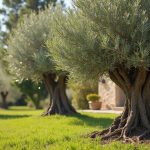 Olivier planté à distance sécuritaire d'une maison, racines visibles et jardin méditerranéen.