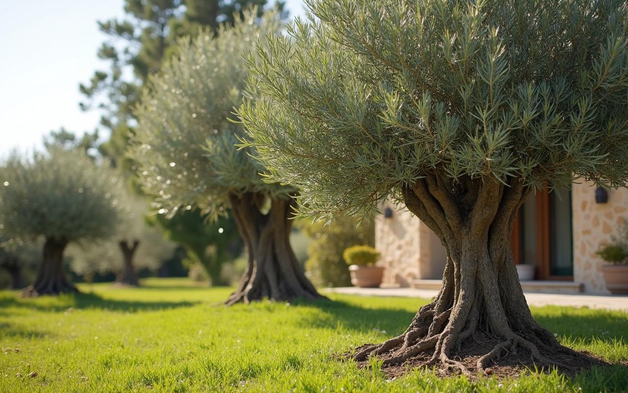 Olivier planté à distance sécuritaire d'une maison, racines visibles et jardin méditerranéen.