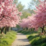 Jardin printanier avec magnolia, cerisier et pommier en fleurs.