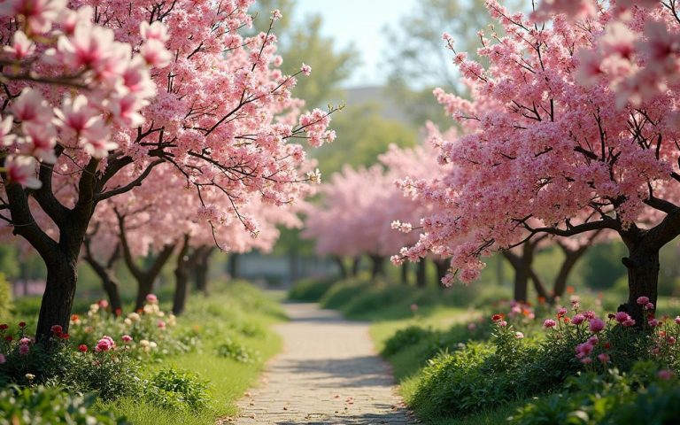 Jardin printanier avec magnolia, cerisier et pommier en fleurs.