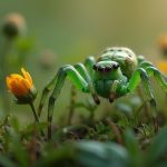 Araignée verte camouflée dans un jardin verdoyant, illustrant son rôle écologique.