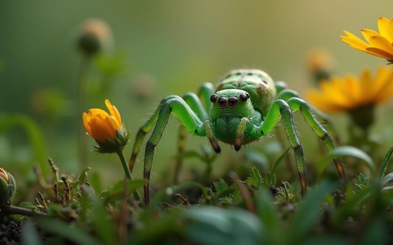 Araignée verte camouflée dans un jardin verdoyant, illustrant son rôle écologique.