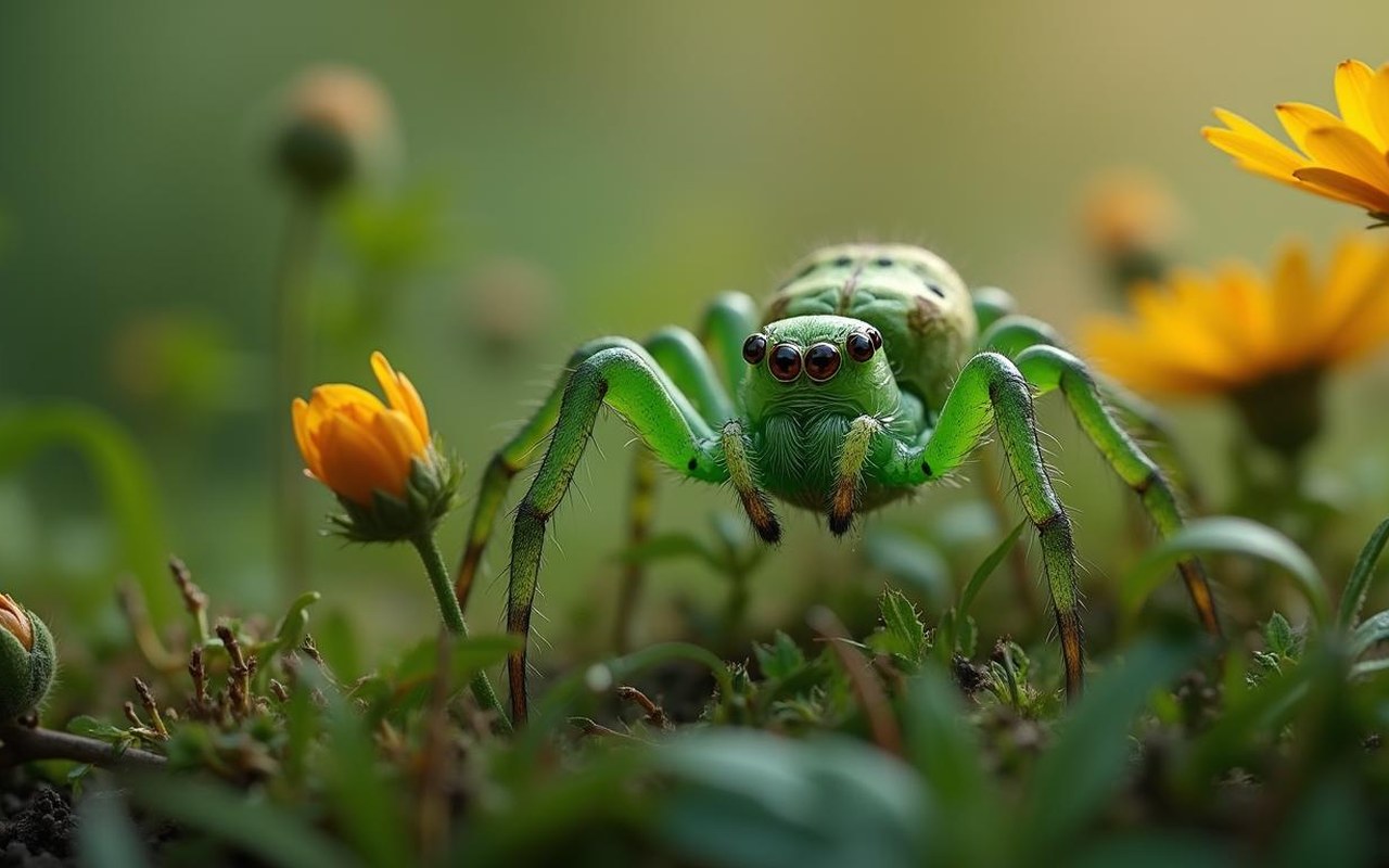 Araignée verte camouflée dans un jardin verdoyant, illustrant son rôle écologique.