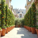 Terrasse urbaine avec des arbres fruitiers colonnaires en pot, illustrant leur port vertical.