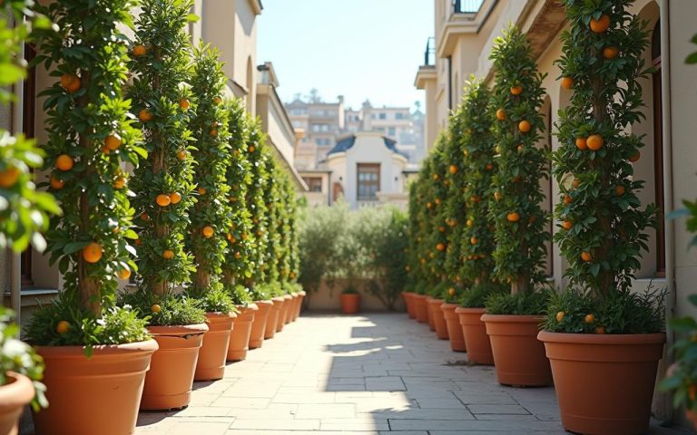 Terrasse urbaine avec des arbres fruitiers colonnaires en pot, illustrant leur port vertical.