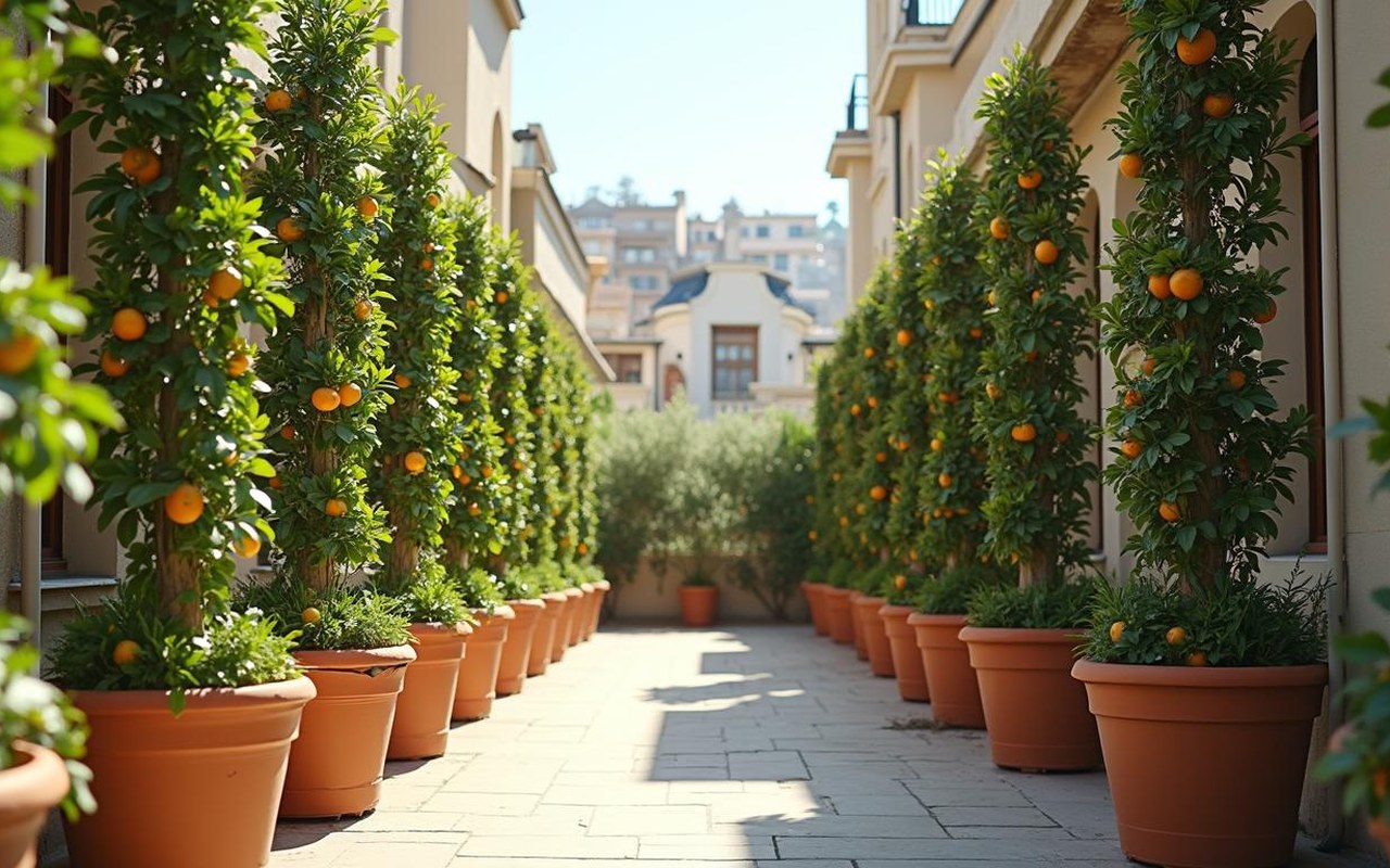 Terrasse urbaine avec des arbres fruitiers colonnaires en pot, illustrant leur port vertical.