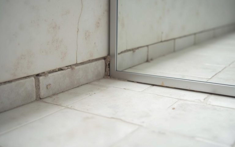Installation d'une baguette de finition carrelage dans une salle de bain moderne.