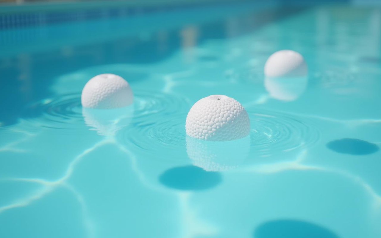 Balles filtrantes flottant dans une piscine avec une eau claire et propre.