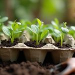 Boîte à œufs transformée en plateau de semis avec des jeunes plants.