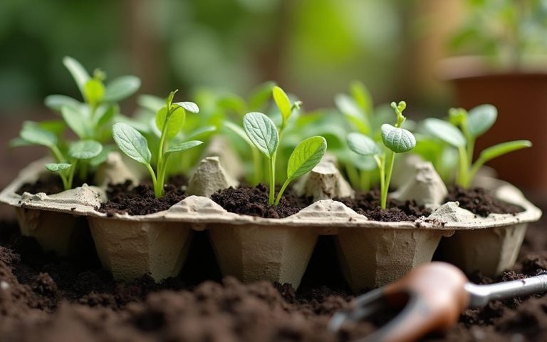 Boîte à œufs transformée en plateau de semis avec des jeunes plants.