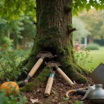 Un jardin avec un arbre gênant et des outils de jardinage pour l'élimination.