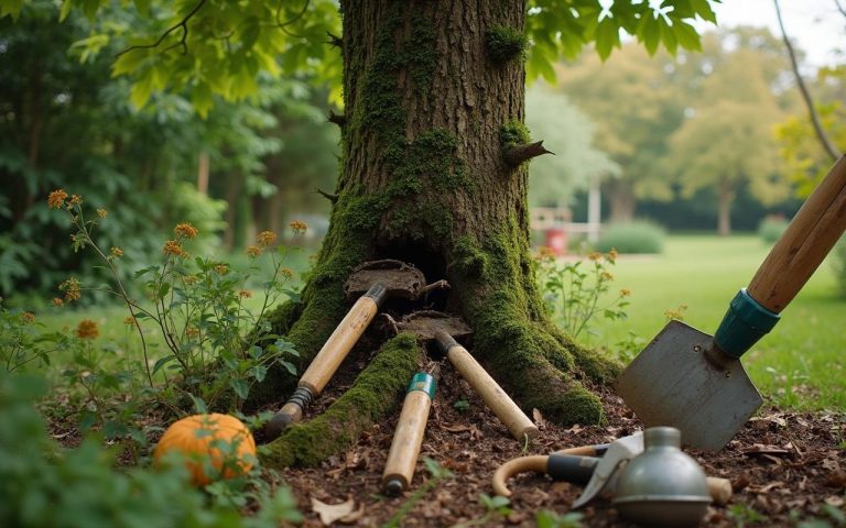 Un jardin avec un arbre gênant et des outils de jardinage pour l'élimination.