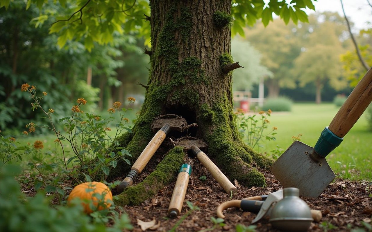 Un jardin avec un arbre gênant et des outils de jardinage pour l'élimination.