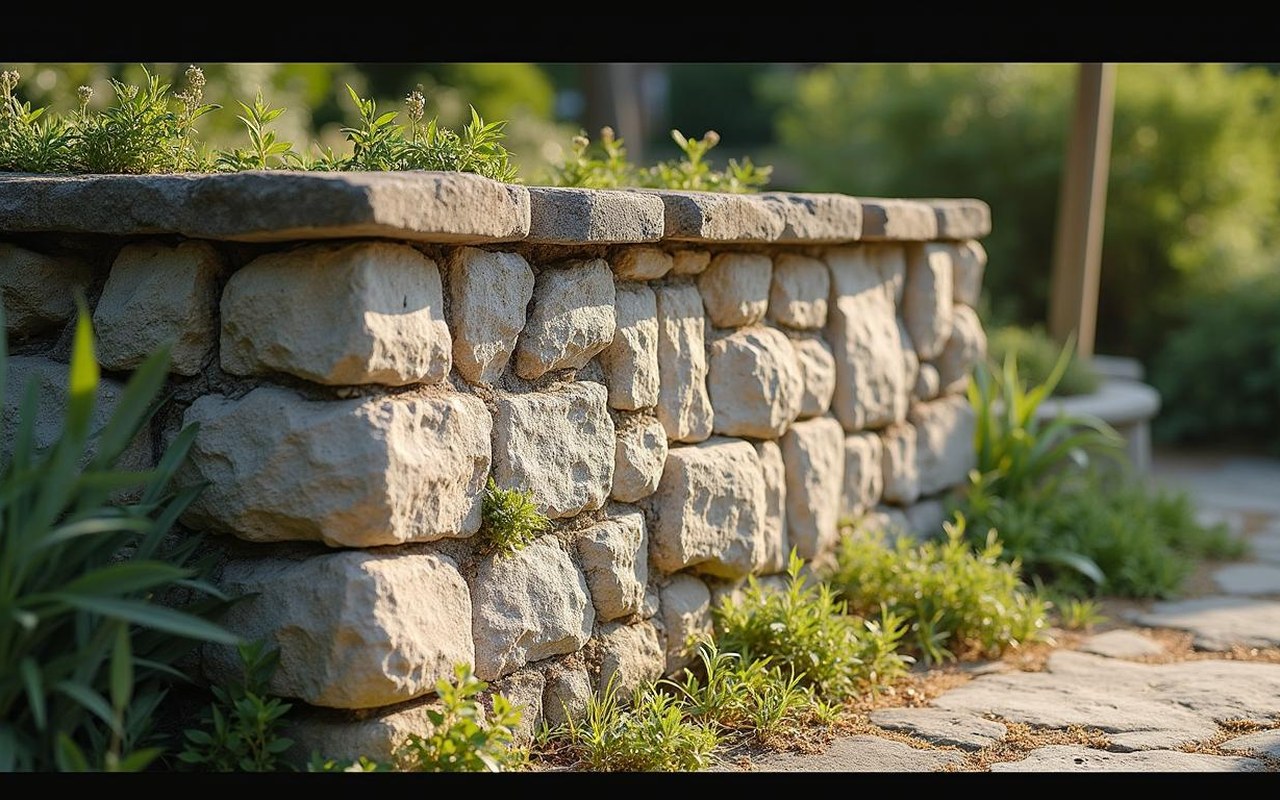 Mur en pierre penché avec fissures et humidité dans un jardin