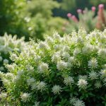 Corbeille d'argent en fleurs dans un jardin, feuillage vert foncé et fleurs blanches.