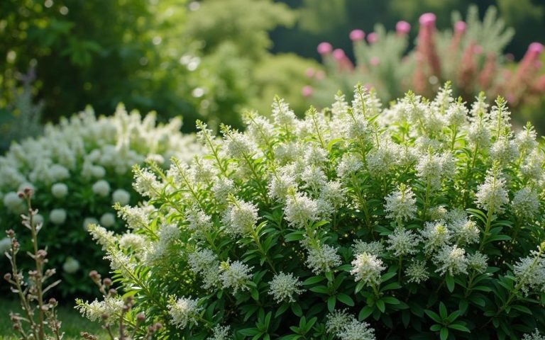Corbeille d'argent en fleurs dans un jardin, feuillage vert foncé et fleurs blanches.