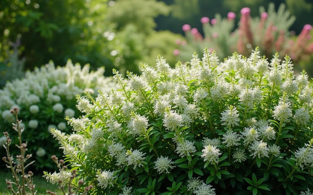 Corbeille d'argent en fleurs dans un jardin, feuillage vert foncé et fleurs blanches.