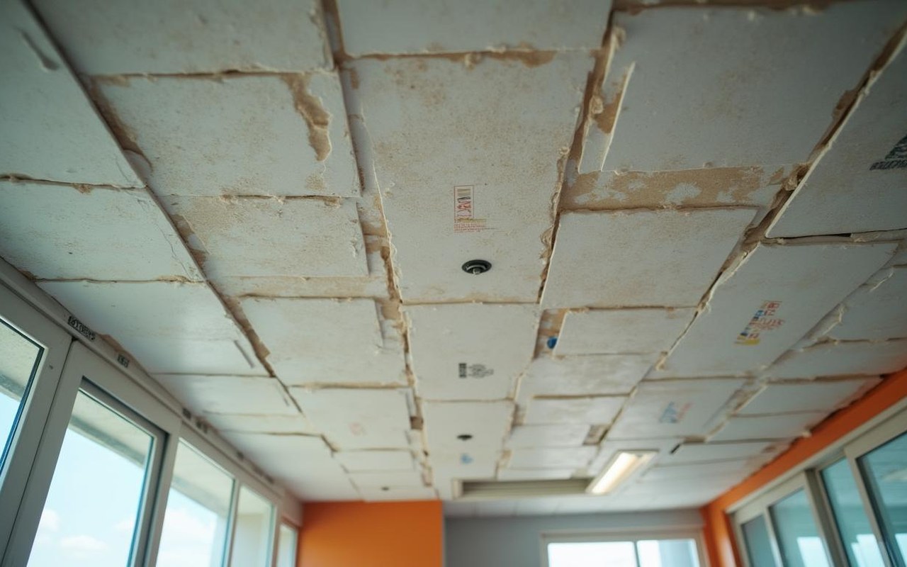 Retrait de dalles en polystyrène au plafond dans un ERP, illustrant les risques d'incendie.