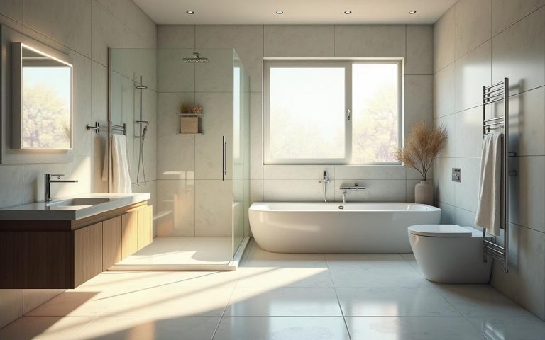 Salle de bain moderne avec fenêtre dans la douche apportant lumière naturelle et ventilation.