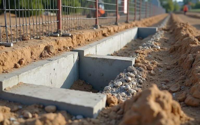 Fondations solides pour un muret de clôture en construction, avec béton et armatures visibles.