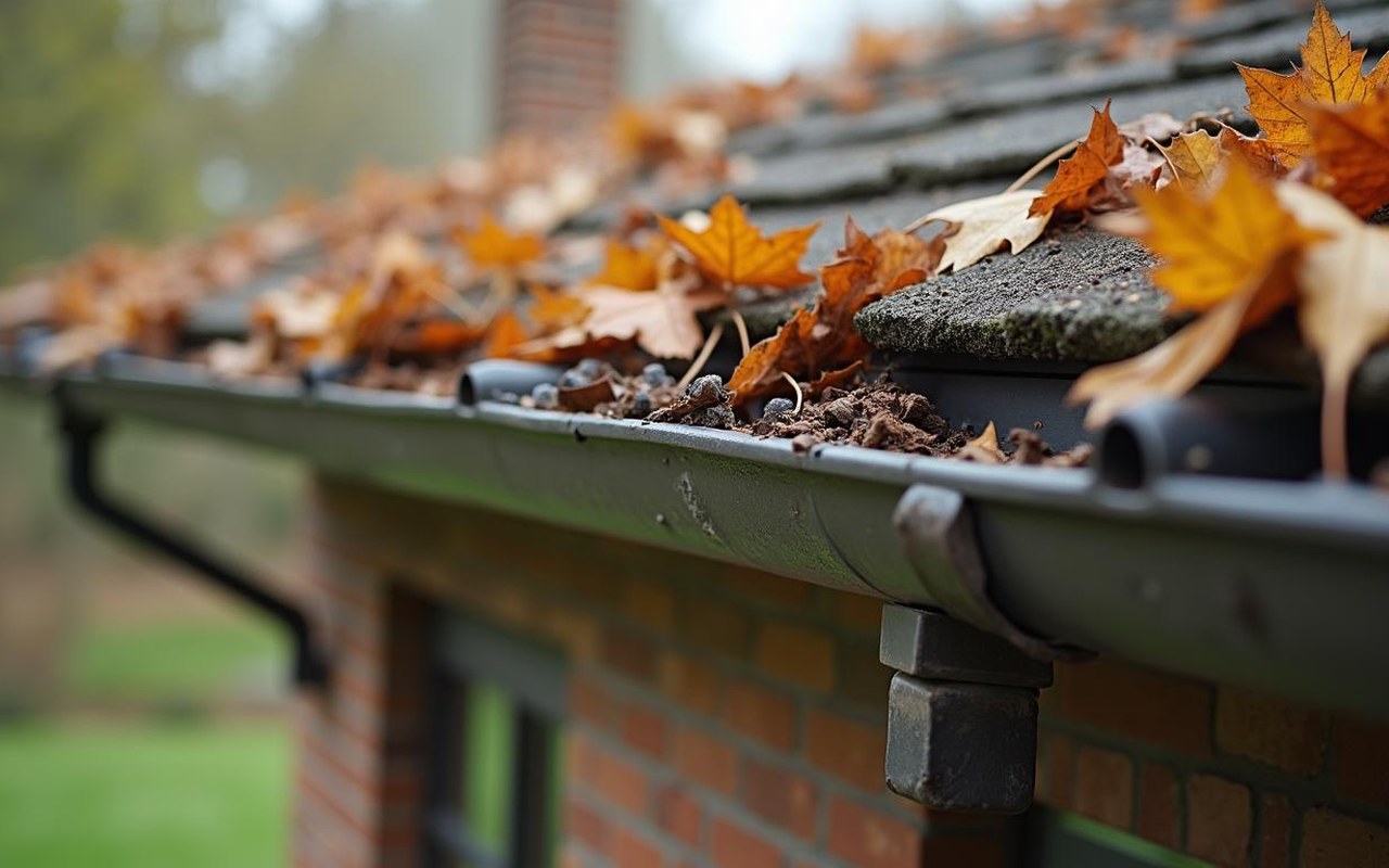 Gouttières bouchées par des feuilles mortes dans un jardin, illustrant les risques d'entretien négligé.