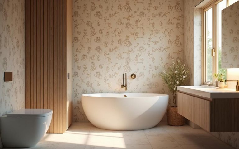 Salle de bain moderne avec papier peint anti moisissure élégant et chaleureux.