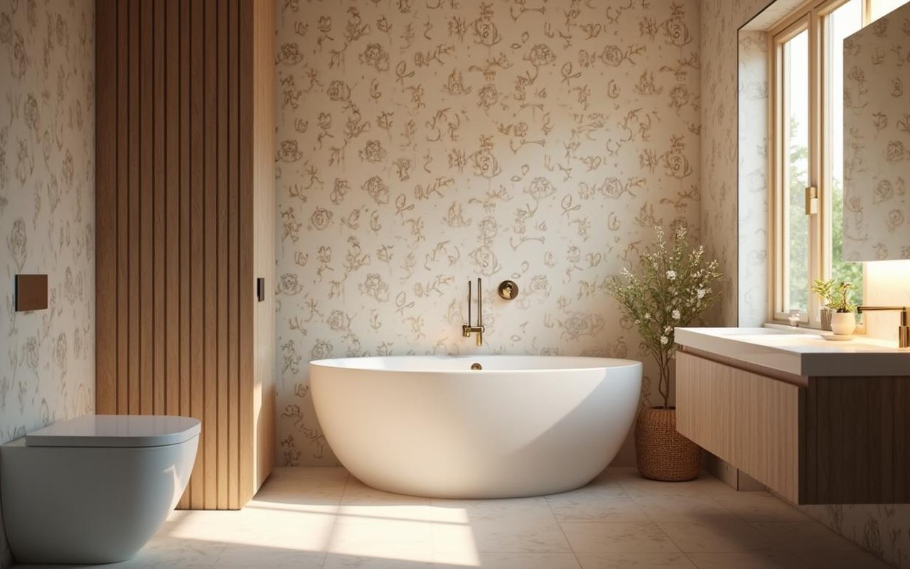 Salle de bain moderne avec papier peint anti moisissure élégant et chaleureux.