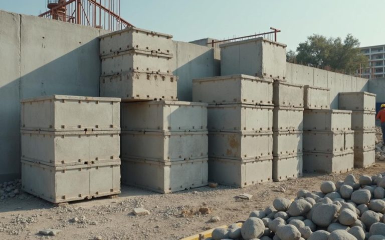 Chantier de construction avec parpaings creux et blocs pleins en béton.