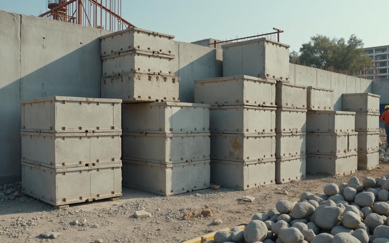 Chantier de construction avec parpaings creux et blocs pleins en béton.