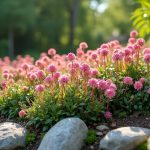 Jardin de rocailles avec saxifrages en fleurs, créant un tapis coloré.