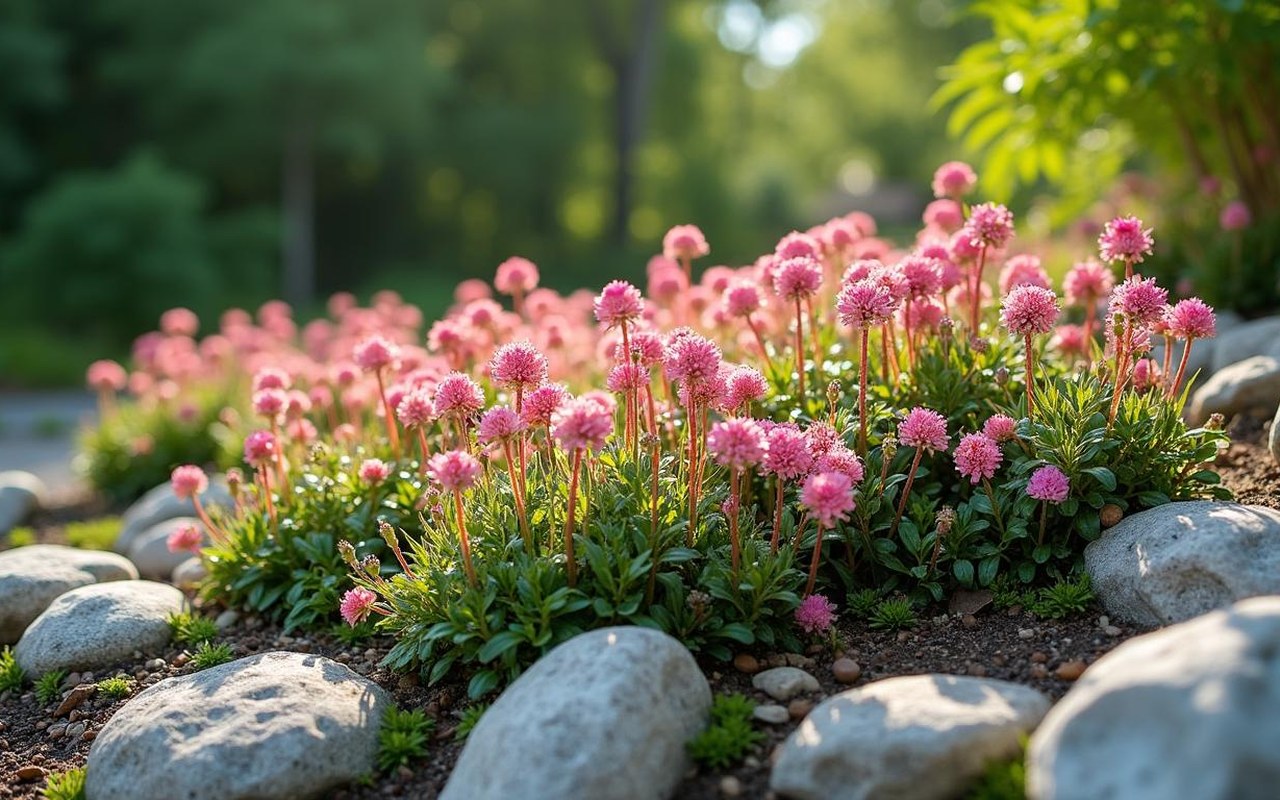 Jardin de rocailles avec saxifrages en fleurs, créant un tapis coloré.