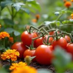 Potager avec tomates et fleurs compagnes pour un jardin sain et productif.