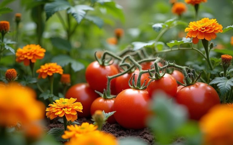 Potager avec tomates et fleurs compagnes pour un jardin sain et productif.
