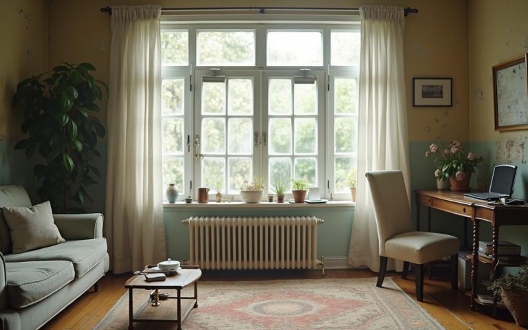 Intérieur d'une maison avec signes d'humidité élevée, murs décolorés et fenêtres embuées.