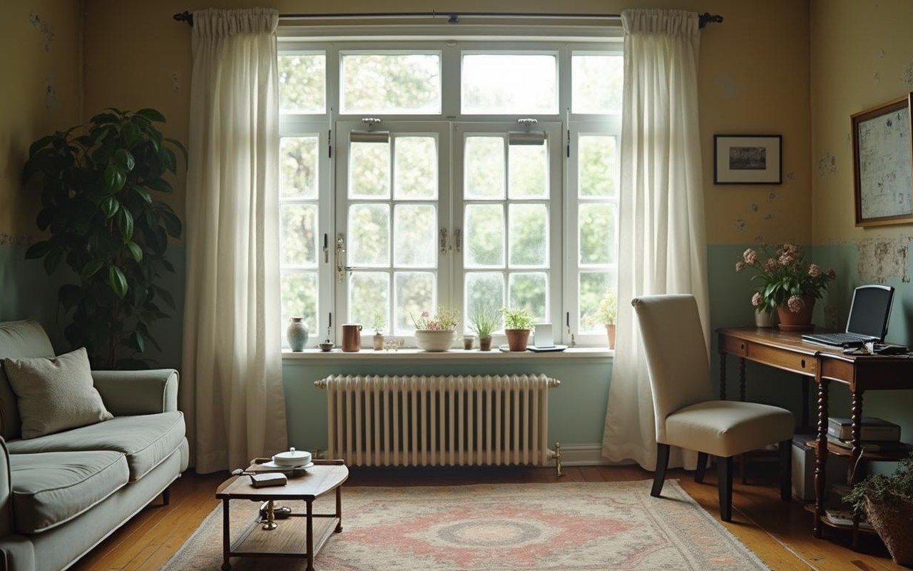 Intérieur d'une maison avec signes d'humidité élevée, murs décolorés et fenêtres embuées.