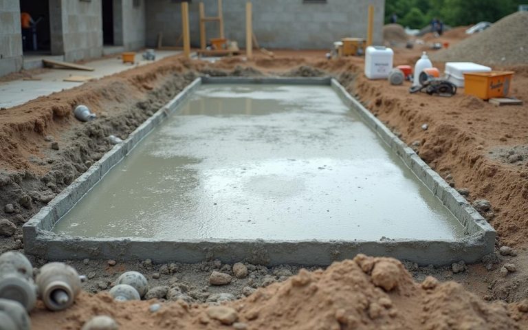 Chantier avec dalle en béton fraîchement coulée, illustrant le processus de séchage.