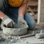 Un ouvrier prépare de la barbotine ciment sur un chantier de construction.