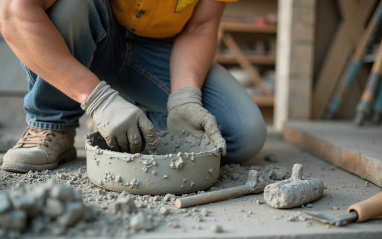 Un ouvrier prépare de la barbotine ciment sur un chantier de construction.