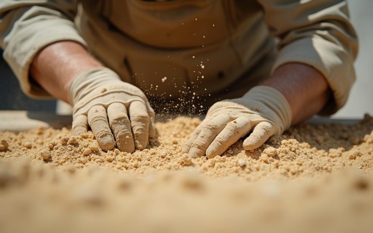 Artisan préparant une chape couscous sur un chantier de rénovation, montrant la texture granuleuse.