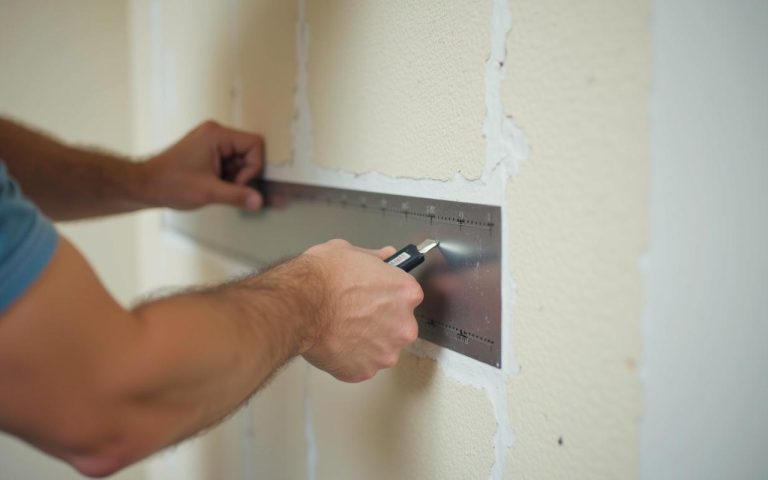 Un bricoleur découpe du placo déjà posé avec un cutter et une règle.